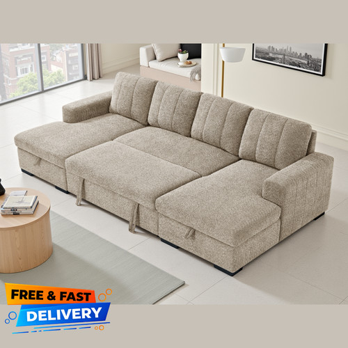 Beige shaped corner sofa bed - sofa,